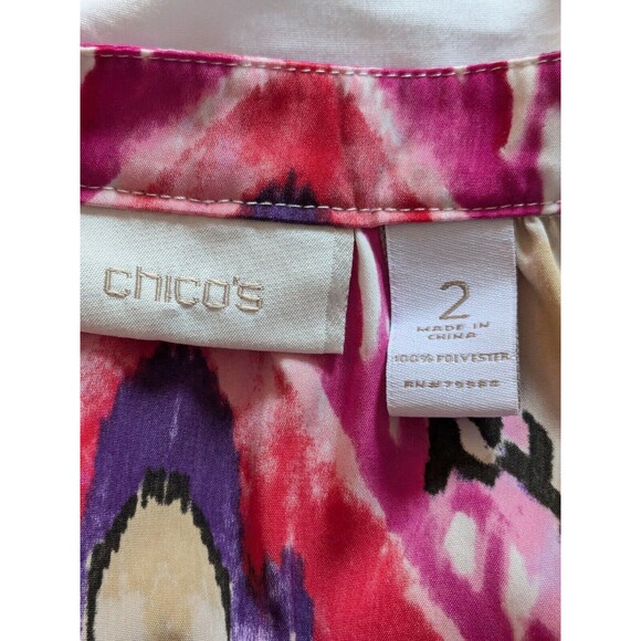 Chicos Blouse Women's L (2) Floral Boho Chic Tunic Top Flowy Flounce Satiny Pink - Picture 3 of 11